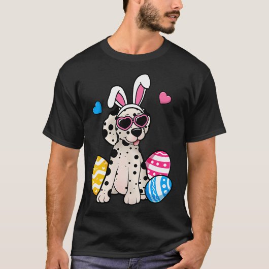 Dalmatian Dog Bunny Ears Sunglasses Easter Day Tシャツ (正面)