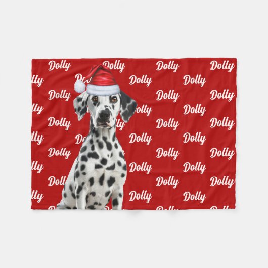 Dalmatian Dog Name on Red Christmas Holiday フリースブランケット (正面(横))