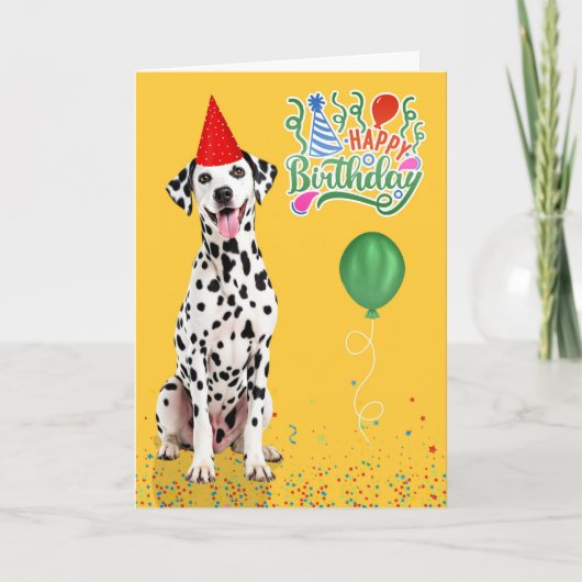 Dalmatian Dog Party Hat Yellow Birthday カード (正面)