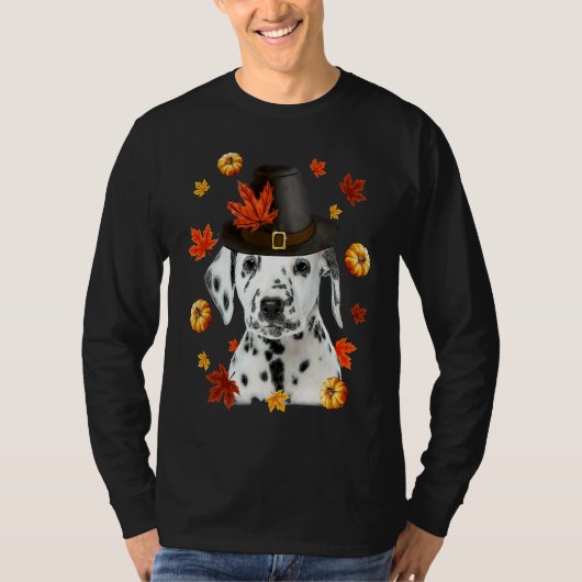 Dalmatian Dog Pilgrim Hat Fall Happy Thanksgiving Tシャツ (正面)