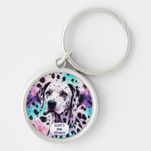 Dalmatian Dog Pink Purple Turquoise Birthday キーホルダー (正面)