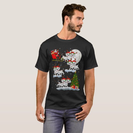 Dalmatian Dog Santa Sleigh Flying Funny Magical Ch Tシャツ (正面フル)