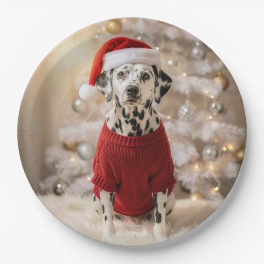 Dalmatian Dog Wearing a Red Christmas Sweater ペーパープレート (正面)