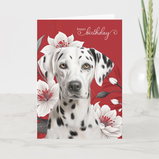 Dalmatian Dog with White Lilies on Red Birthday カード (正面)