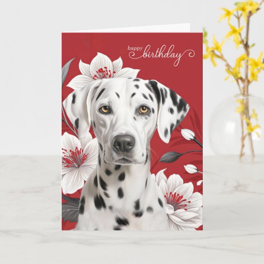 Dalmatian Dog with White Lilies on Red Birthday カード (黄色い花)