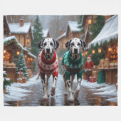 Dalmatian Dogs Christmas Snow Holiday フリースブランケット (正面(横))