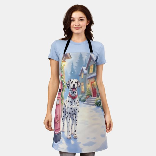 Dalmatian Festive Mailbox Christmas Art エプロン (着用した状態)