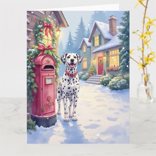 Dalmatian Festive Mailbox Christmas Art カード (黄色い花)