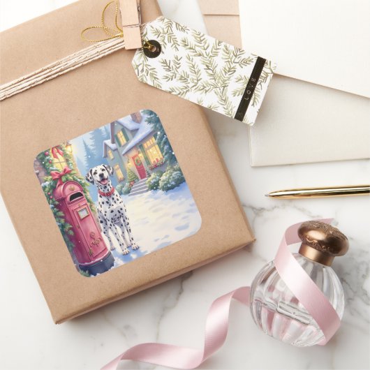 Dalmatian Festive Mailbox Christmas Art スクエアシール (ギフト)