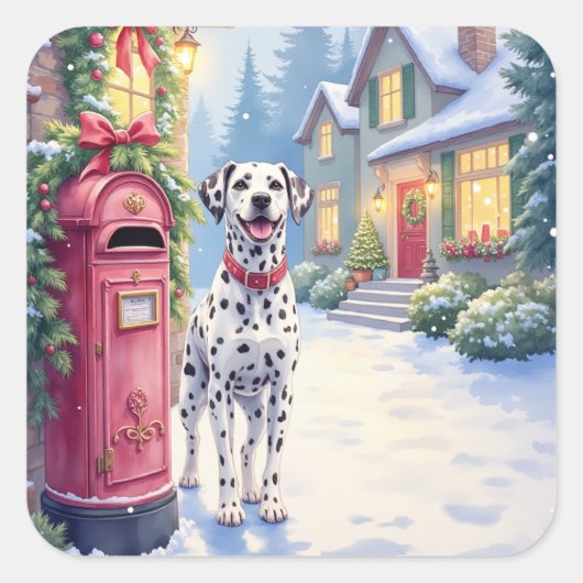 Dalmatian Festive Mailbox Christmas Art スクエアシール (正面)