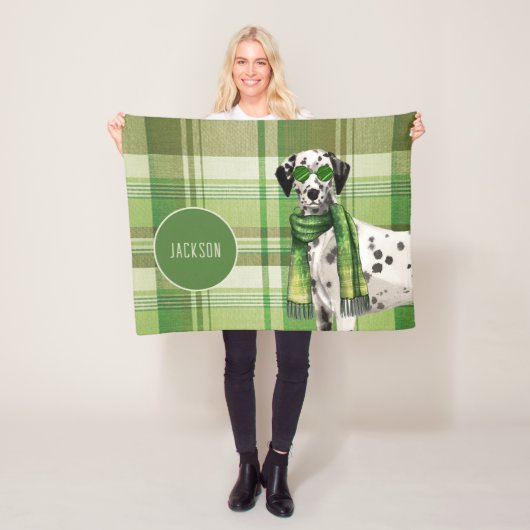 Dalmatian on Green Plaid with Dog's Name フリースブランケット (インサイチュ)