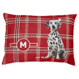 Dalmatian Red Holiday Plaid with Monogrammed Dog ペットベッド