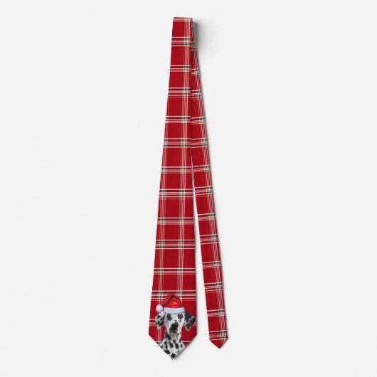 Dalmatian Santa Dog Red Holiday Plaid Christmas ネクタイ (正面)