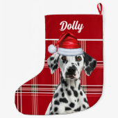 Dalmatian Santa Red Holiday Plaid and Dogs Name ラージクリスマスストッキング (裏面)