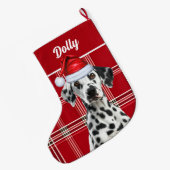 Dalmatian Santa Red Holiday Plaid and Dogs Name ラージクリスマスストッキング (裏面 (吊り時))