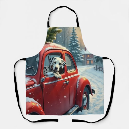 Dalmatian Snowy Car Ride Christmas Painting エプロン (正面)
