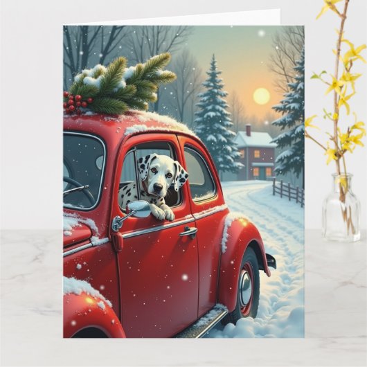 Dalmatian Snowy Car Ride Christmas Painting カード (黄色い花)