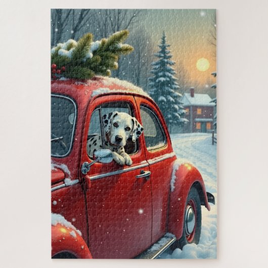 Dalmatian Snowy Car Ride Christmas Painting ジグソーパズル (縦)