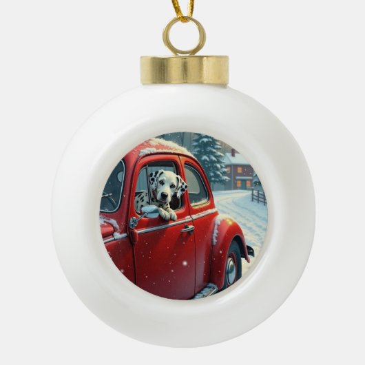 Dalmatian Snowy Car Ride Christmas Painting セラミックボールオーナメント (正面)