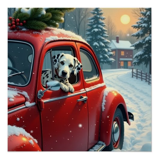 Dalmatian Snowy Car Ride Christmas Painting ポスター (正面)