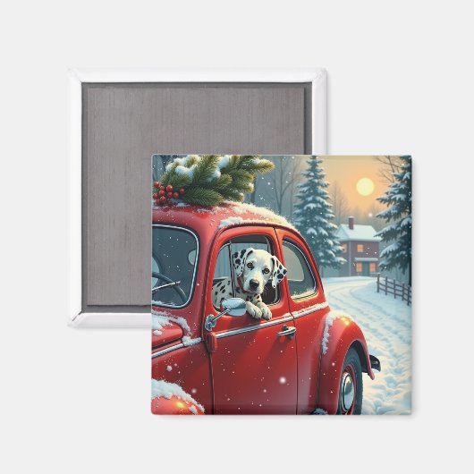 Dalmatian Snowy Car Ride Christmas Painting マグネット (正面/裏面)