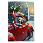 Dalmatian Snowy Car Ride Christmas Painting ミディアムペーパーバッグ (正面)