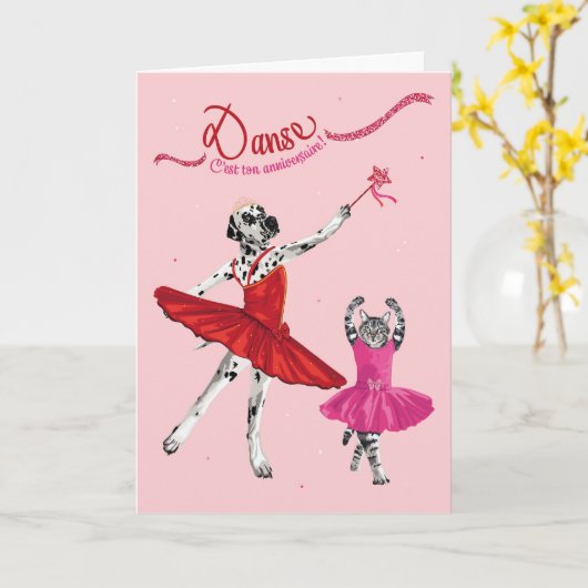 Dalmatien et chat en tutu dansant anniversaire カード (黄色い花)