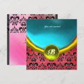 DAMASKの紫色のシルクに青い宝石のモノグラム 招待状 (正面/裏面)