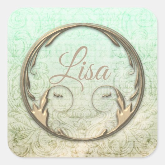 Damaskスクリプビクトリアント金ゴールド緑エレガント スクエアシール (正面)