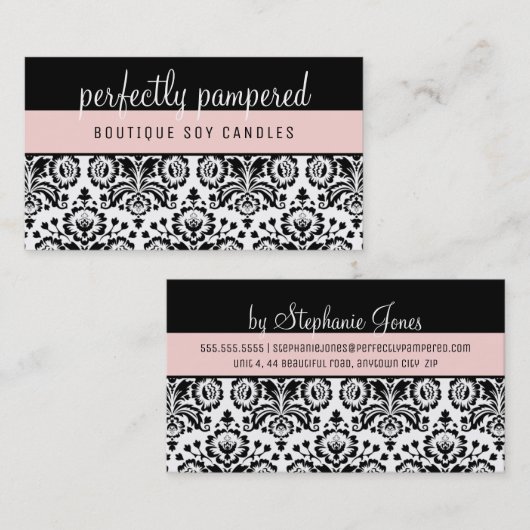 DAMASKパタかわいらしーンエレガントブラックピンク淡い色の色 名刺 (正面/裏面)
