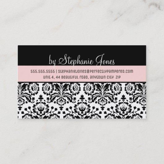DAMASKパタかわいらしーンエレガントブラックピンク淡い色の色 名刺 (裏面)