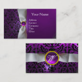 DAMASKモノグラム白いリボン黒い紫 名刺 (正面/裏面)