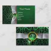 DAMASKモノグラム白いリボン黒い緑 名刺 (正面/裏面)