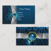 DAMASKモノグラム白いリボン黒い青 名刺 (正面/裏面)