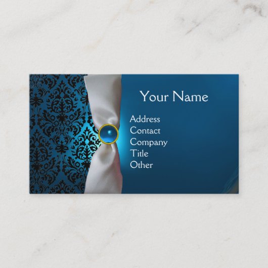 DAMASKモノグラム白いリボン黒い青 名刺 (正面)