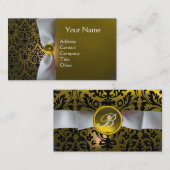 DAMASKモノグラム白いリボン黒い黄色 名刺 (正面/裏面)