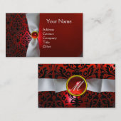 DAMASKモノグラム白いリボン黒の赤 名刺 (正面/裏面)