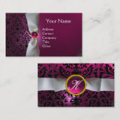 DAMASKモノグラム白いリボン黒ピンク 名刺 (正面/裏面)