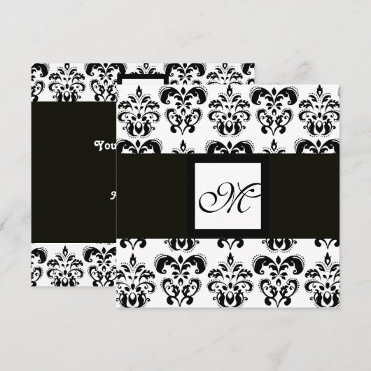 DAMASK モノグラム, 黒と白, シルバー メタリック 招待状 (正面/裏面)