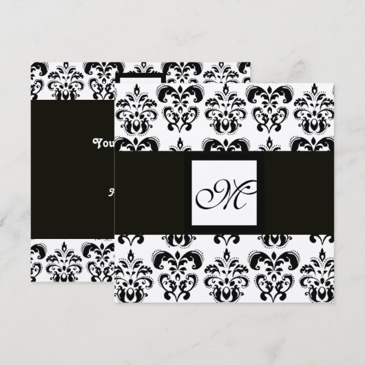 DAMASK モノグラム, 黒と白, シルバー メタリック 招待状 (正面/裏面)
