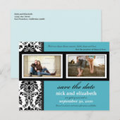 Damask 2-Photo Aqua-Black-White Save the Date 案内ポストカード (正面/裏面)