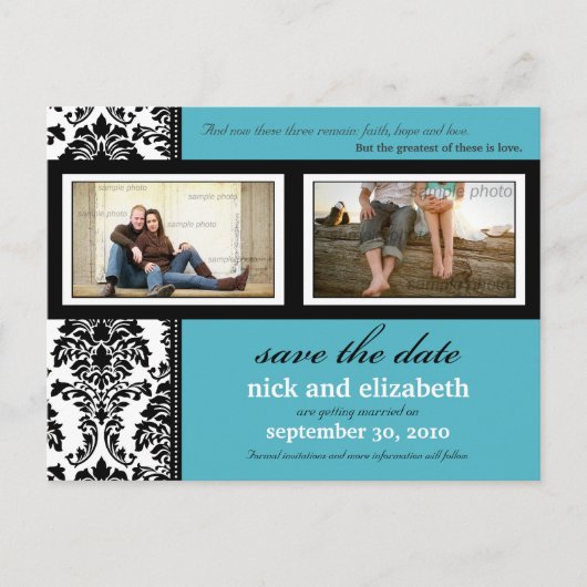 Damask 2-Photo Aqua-Black-White Save the Date 案内ポストカード (正面)