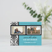 Damask 2-Photo Aqua-Black-White Save the Date 案内ポストカード (スタンド正面)