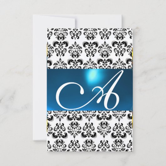 DAMASK GEM MONOGRAMブルー白rsvp 招待状 (正面)