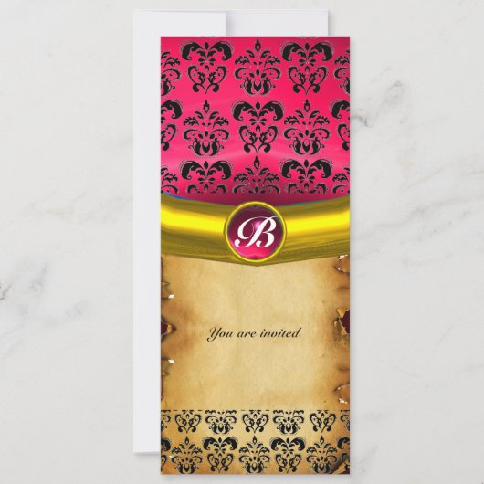 DAMASK GEM STONE モノグラム、茶色のパーチメント 招待状 (正面)