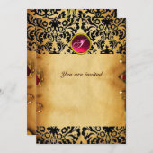 DAMASK GEM STONE MONOGRAM parchment red pink 招待状 (正面/裏面)