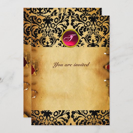 DAMASK GEM STONE MONOGRAM parchment red pink 招待状 (正面/裏面)