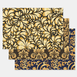 Damask Gold & Black Wrapping paper 3 sheets set ラッピングペーパーシート