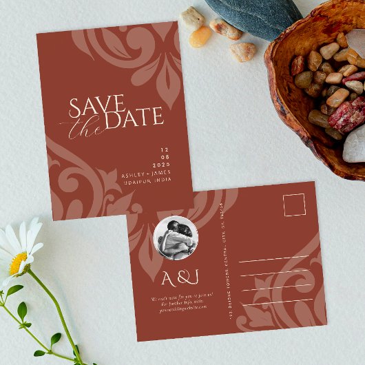 Damask Lush Sienna写真の結婚式の日付を保存 案内ポストカード