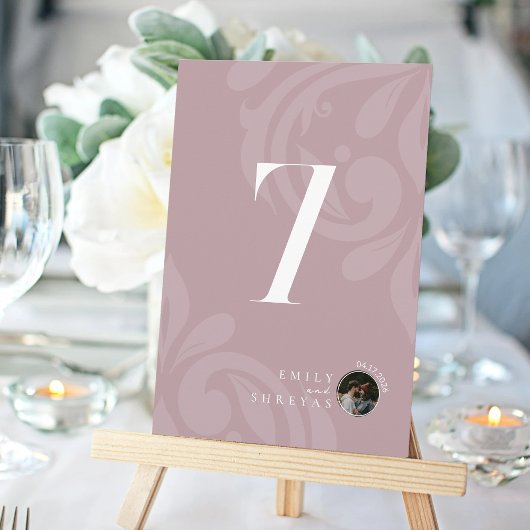 Damask Mauveミニマルピンクフォトテーブル番号カード サンキューカード